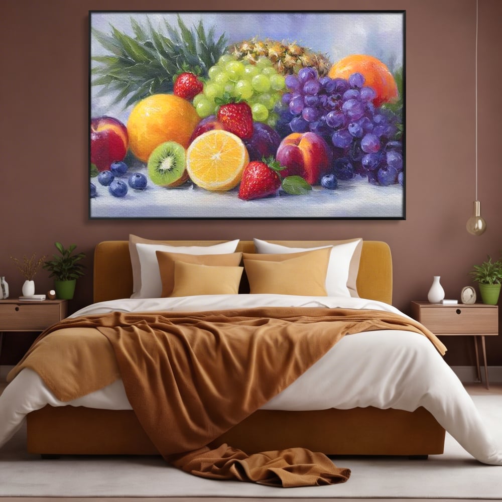 Tablou canvas cu pictura cu cos de fructe, in rama de aluminiu negru, pe perete intr-un dormitor